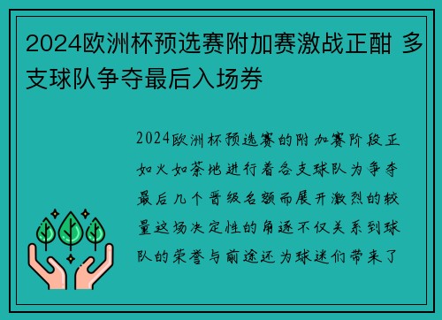 2024欧洲杯预选赛附加赛激战正酣 多支球队争夺最后入场券